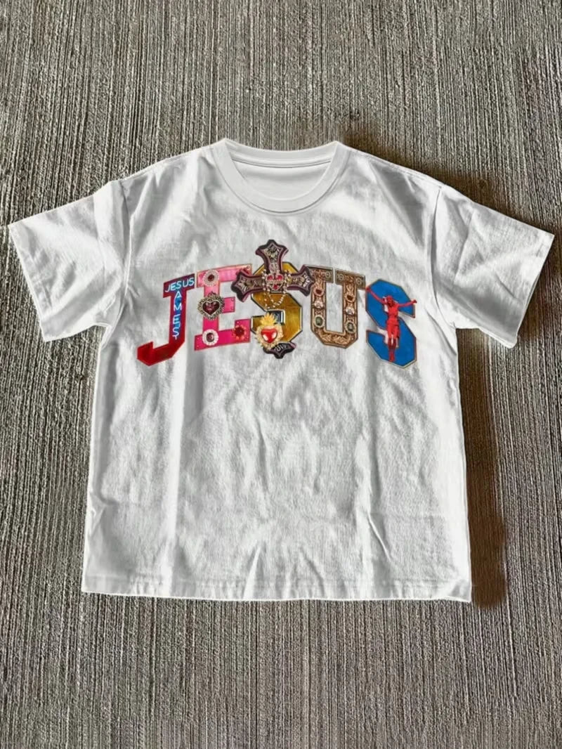 Graphic Gemstone Cross Crew Neck T-Shirt