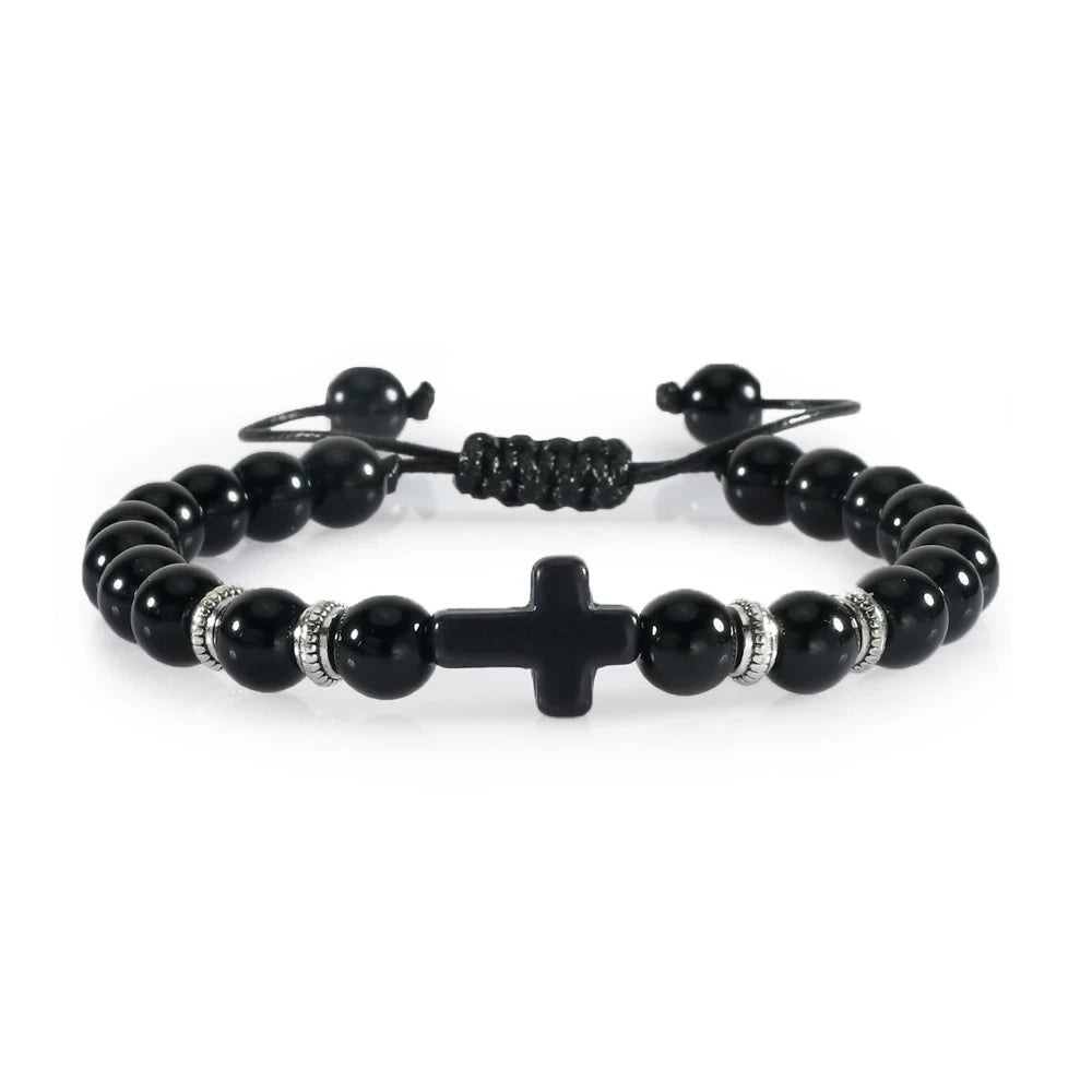 Black Matte Stone Cross Prayer Bracelet