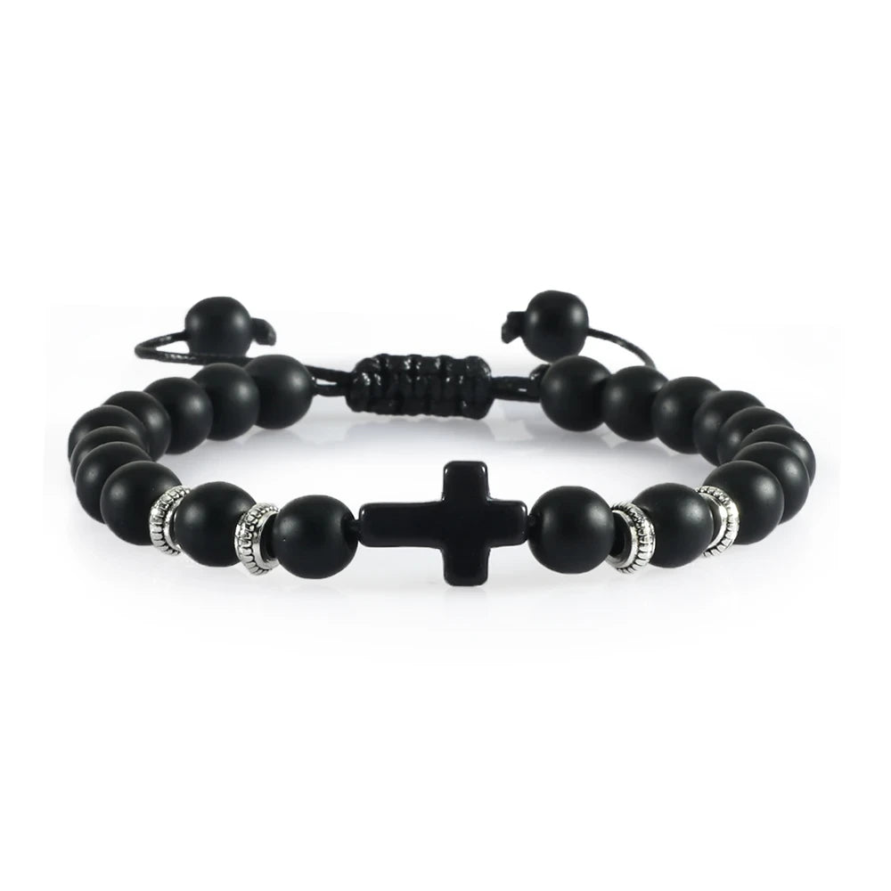 Black Matte Stone Cross Prayer Bracelet
