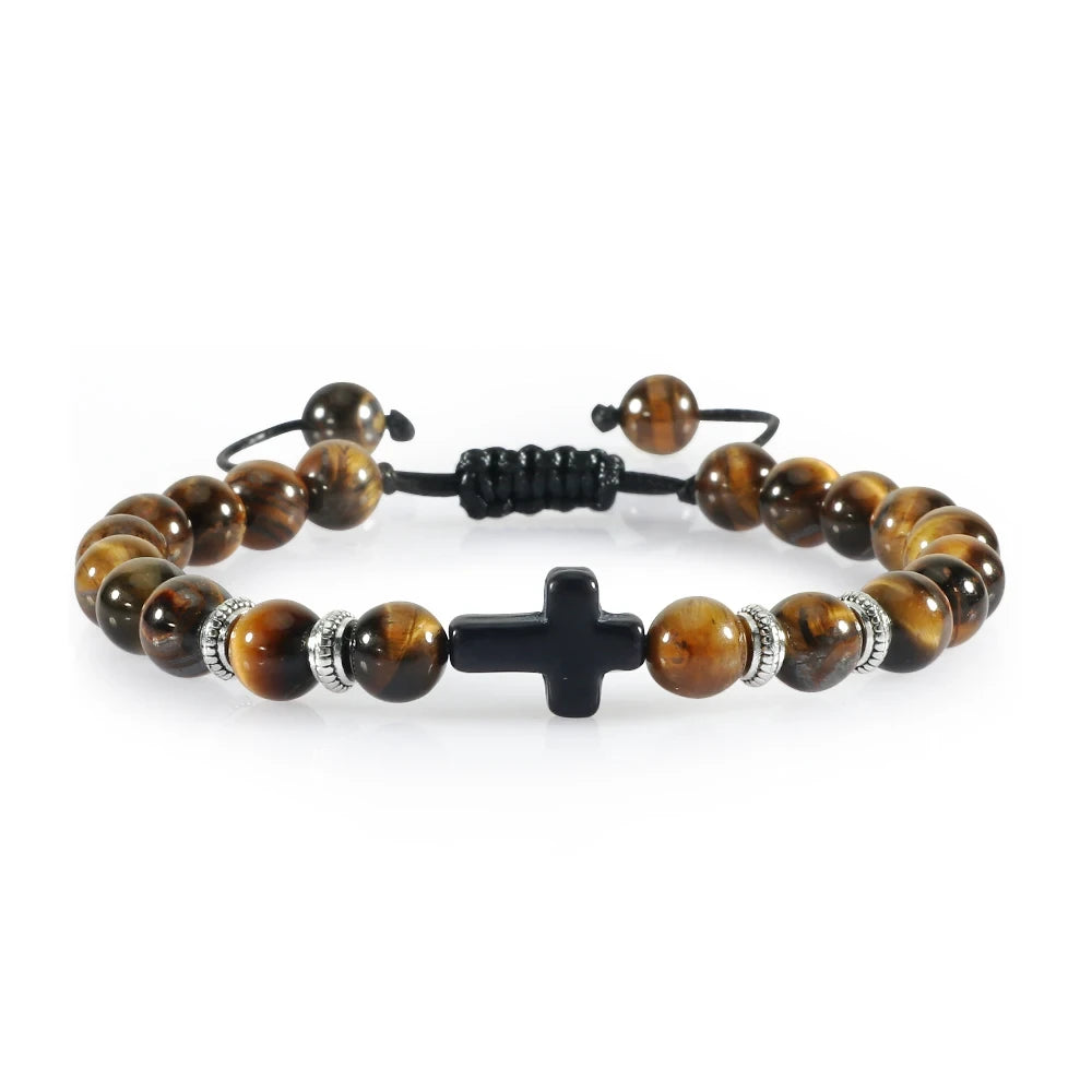 Black Matte Stone Cross Prayer Bracelet