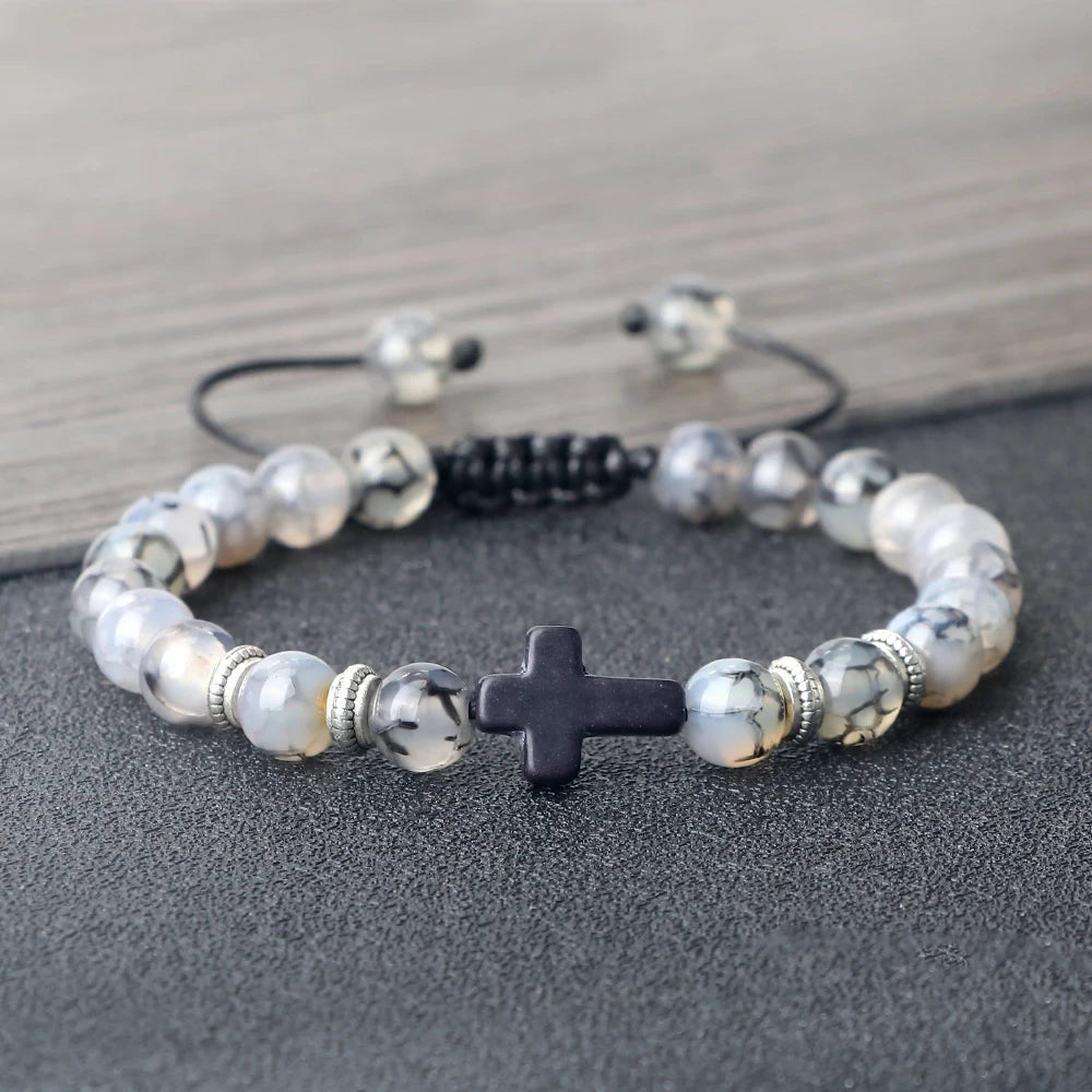 Black Matte Stone Cross Prayer Bracelet