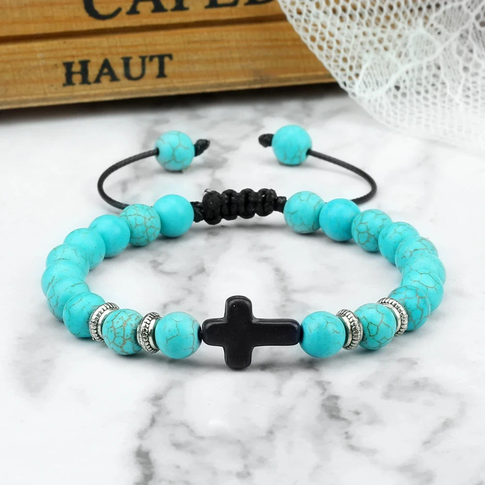 Black Matte Stone Cross Prayer Bracelet