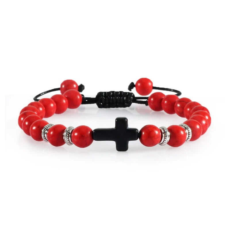 Black Matte Stone Cross Prayer Bracelet
