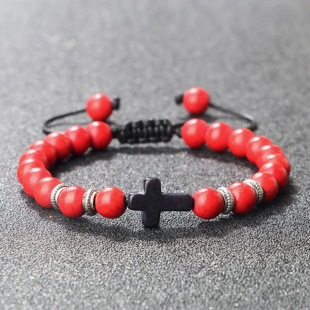 Black Matte Stone Cross Prayer Bracelet