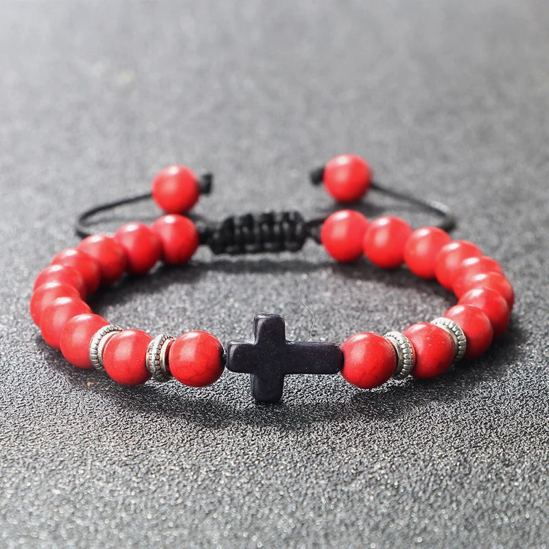 Black Matte Stone Cross Prayer Bracelet