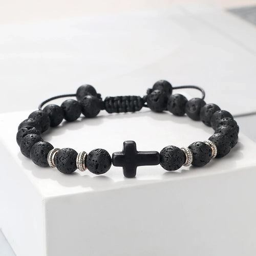 Black Matte Stone Cross Prayer Bracelet