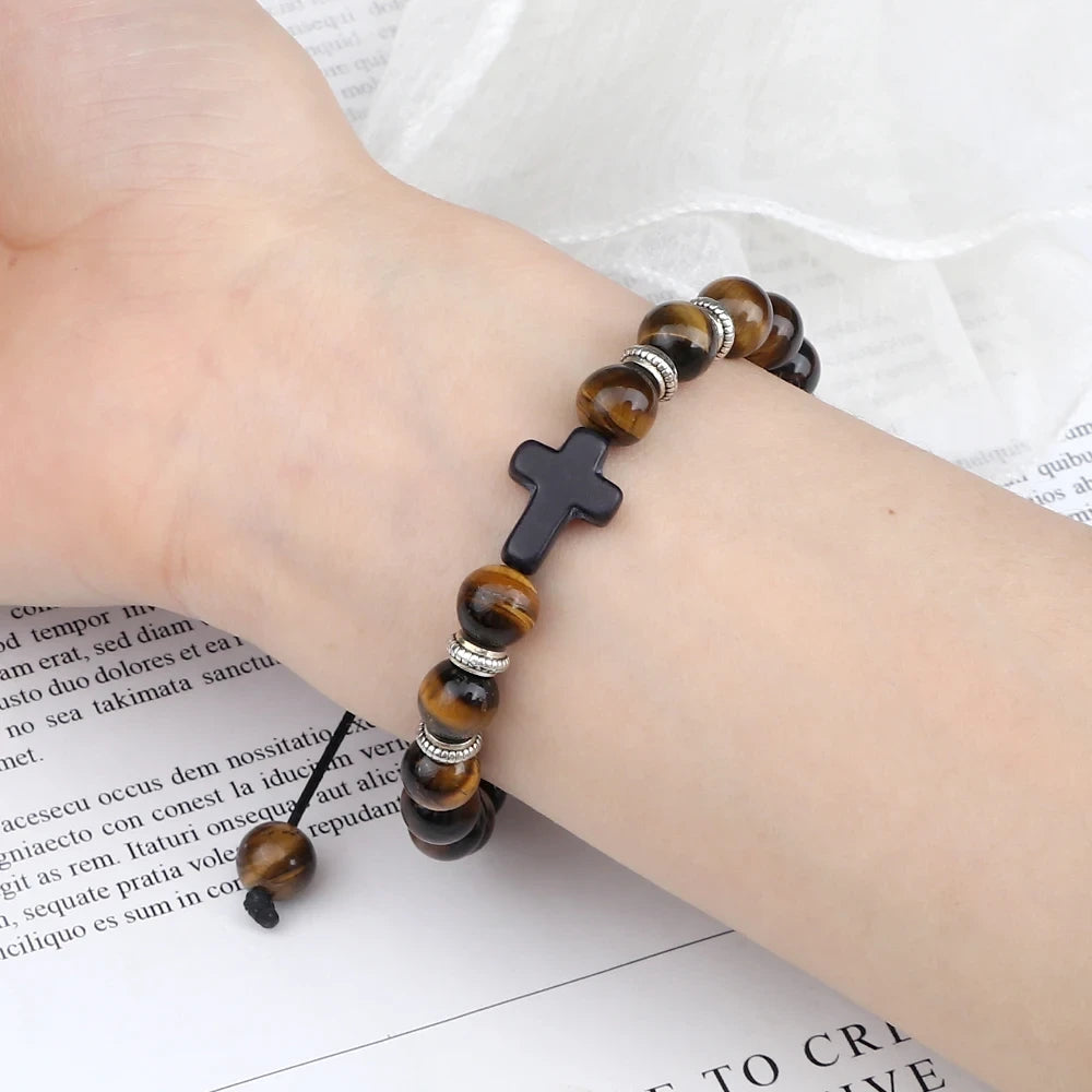 Black Matte Stone Cross Prayer Bracelet